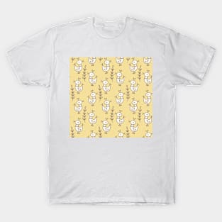 Chicken in the meadow in soft buttery yellow and chocolate brown T-Shirt